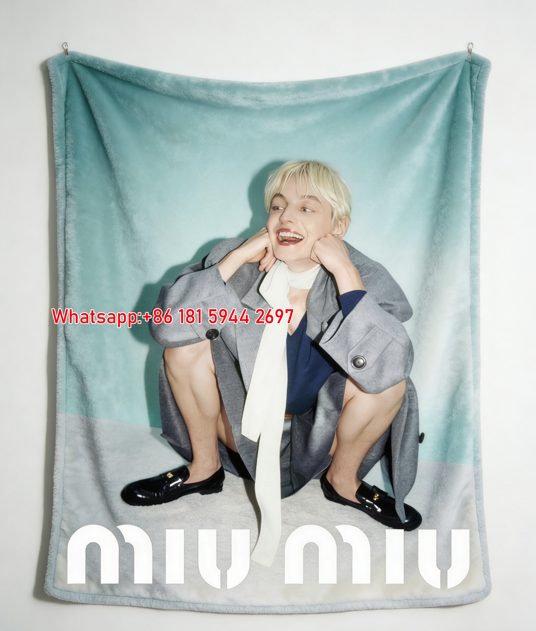 Miu Miu Teal & Grey Flannel Throw Blanket IMG_0605